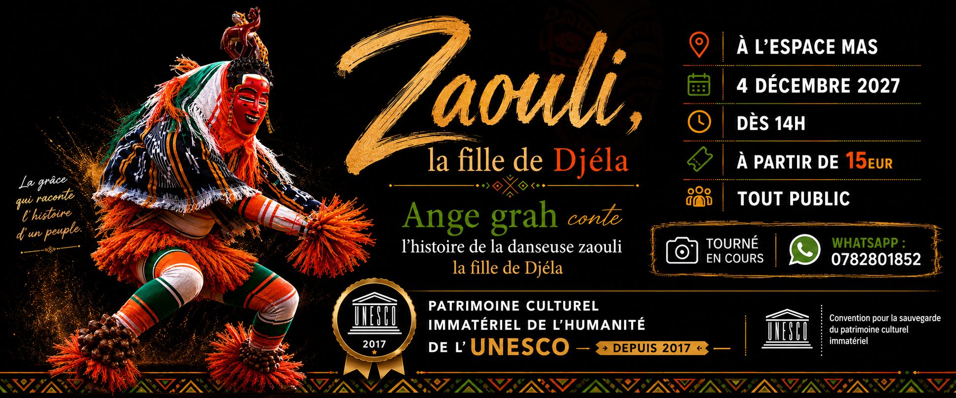 Affiche — Zaouli, la fille de Djéla, conté par Ange Grah, le 4 décembre 2027 à l'Espace Mas (patrimoine immatériel UNESCO 2017)